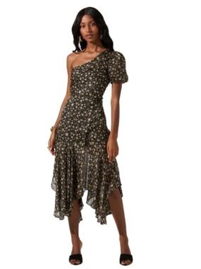*ASTR The Label Santorini One Shoulder Floral Midi Dress Black Taupe M